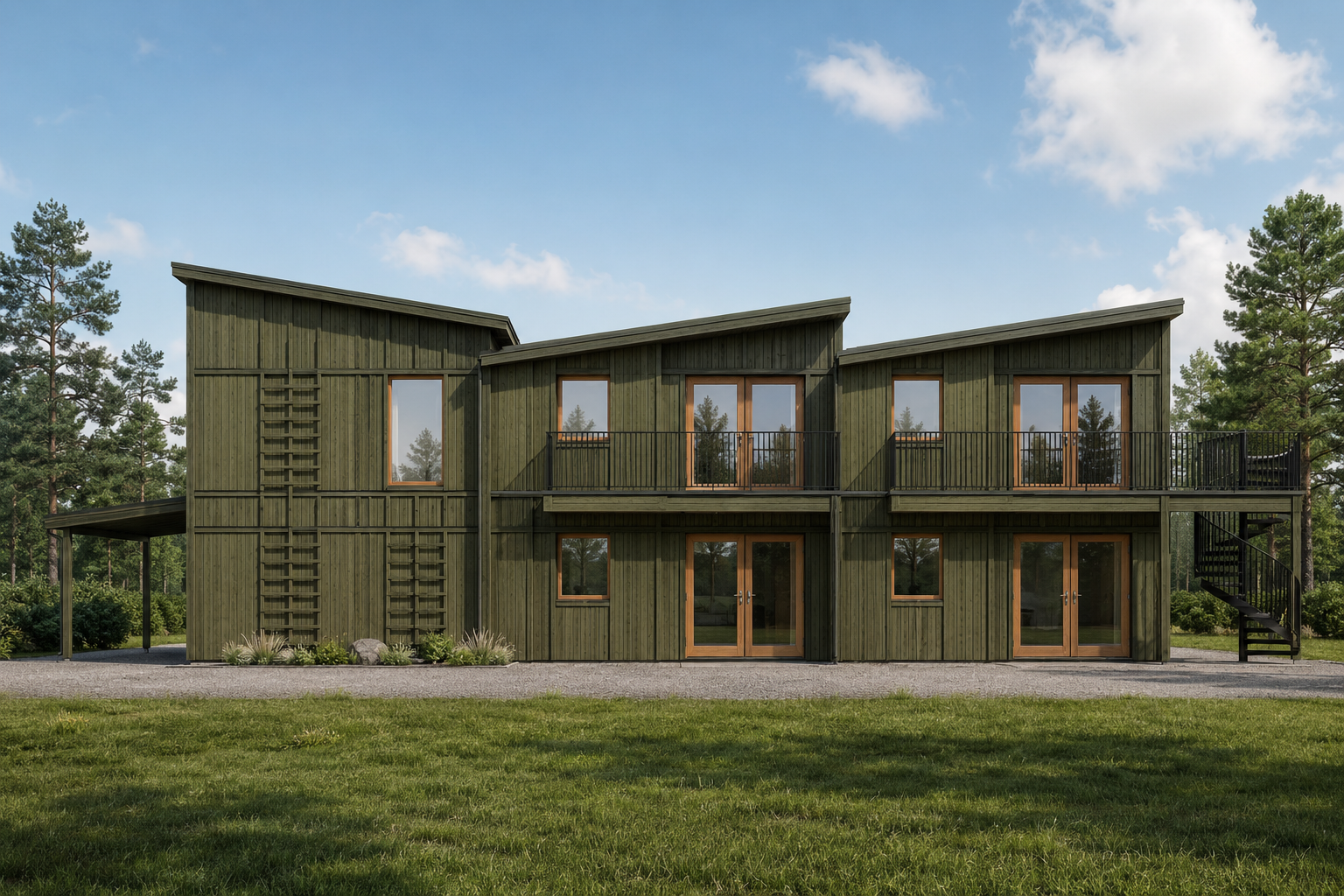 Tvåvåningshus i grön träpanel med balkonger och carport